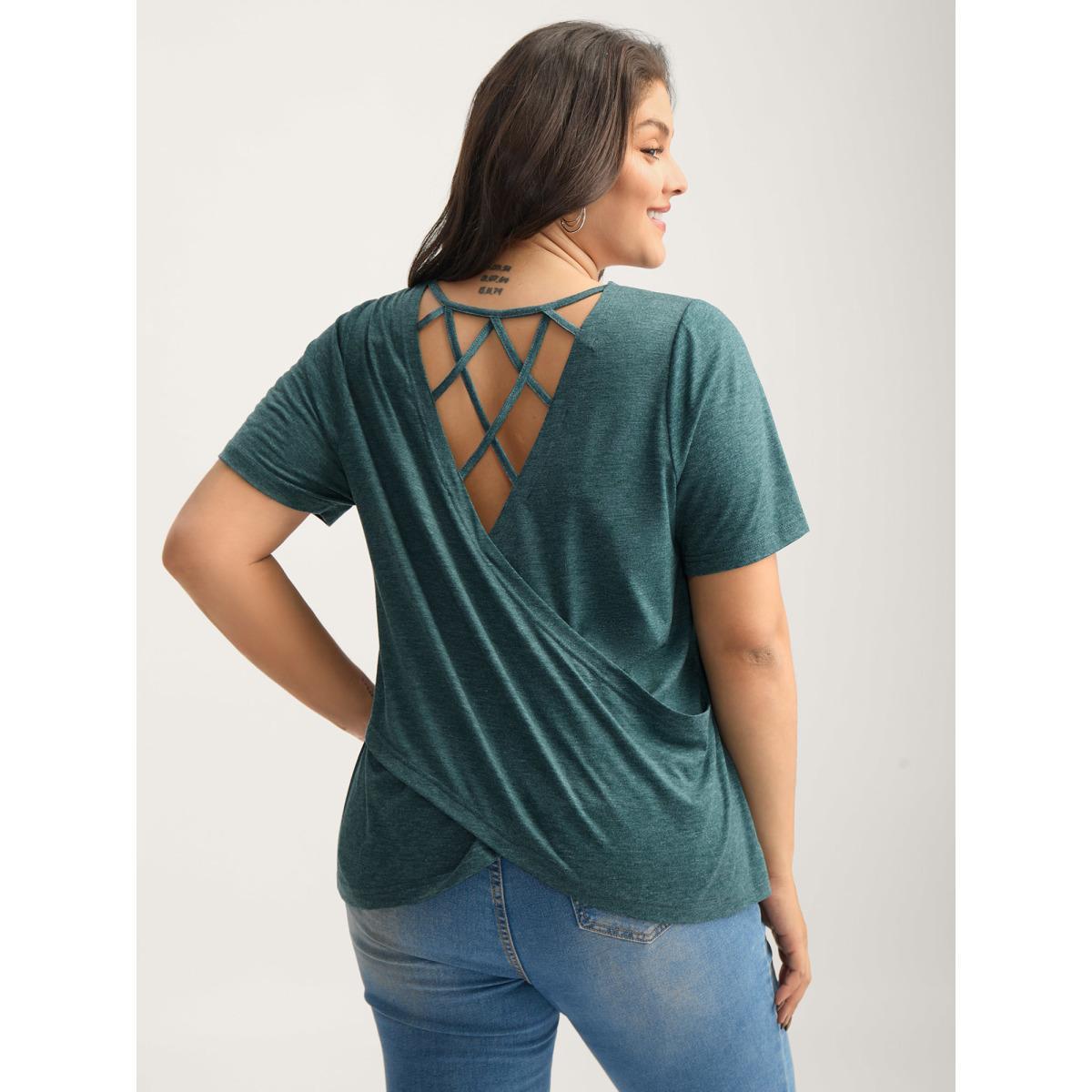 Plus Size Backless Crisscross Solid T-Shirt DarkGreen Women Overlapping Round Neck Everyday-Casual T-shirts BloomChic 28/5X Product Image