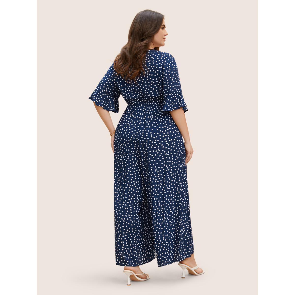 Plus Size Navy Rayon Heart Neckline Polka Dot Ruffles Jumpsuit Women Elegant Elbow-length sleeve Heart neckline Everyday Loose Jumpsuits BloomChic 12/L Product Image