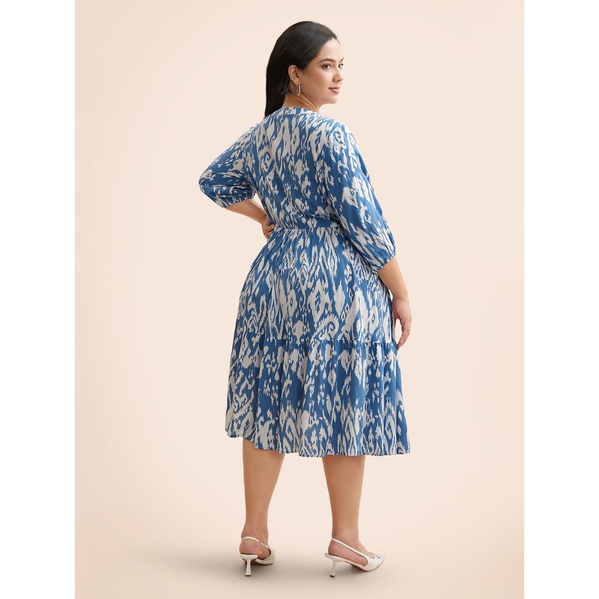 Plus Size Damask Print Tie Knot Puff Sleeve Dress Skyblue Women Resort Tie knot V-neck Elbow-length sleeve Curvy BloomChic 14-16/1X Product Image