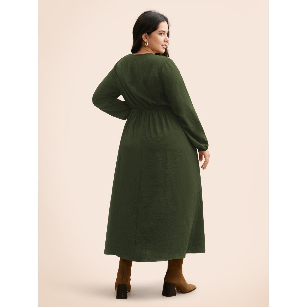 Plus Size Colorblock Contrast Gathered Lantern Sleeve Dress ArmyGreen Women Elegant Contrast V-neck Long Sleeve Curvy BloomChic 12/L Product Image