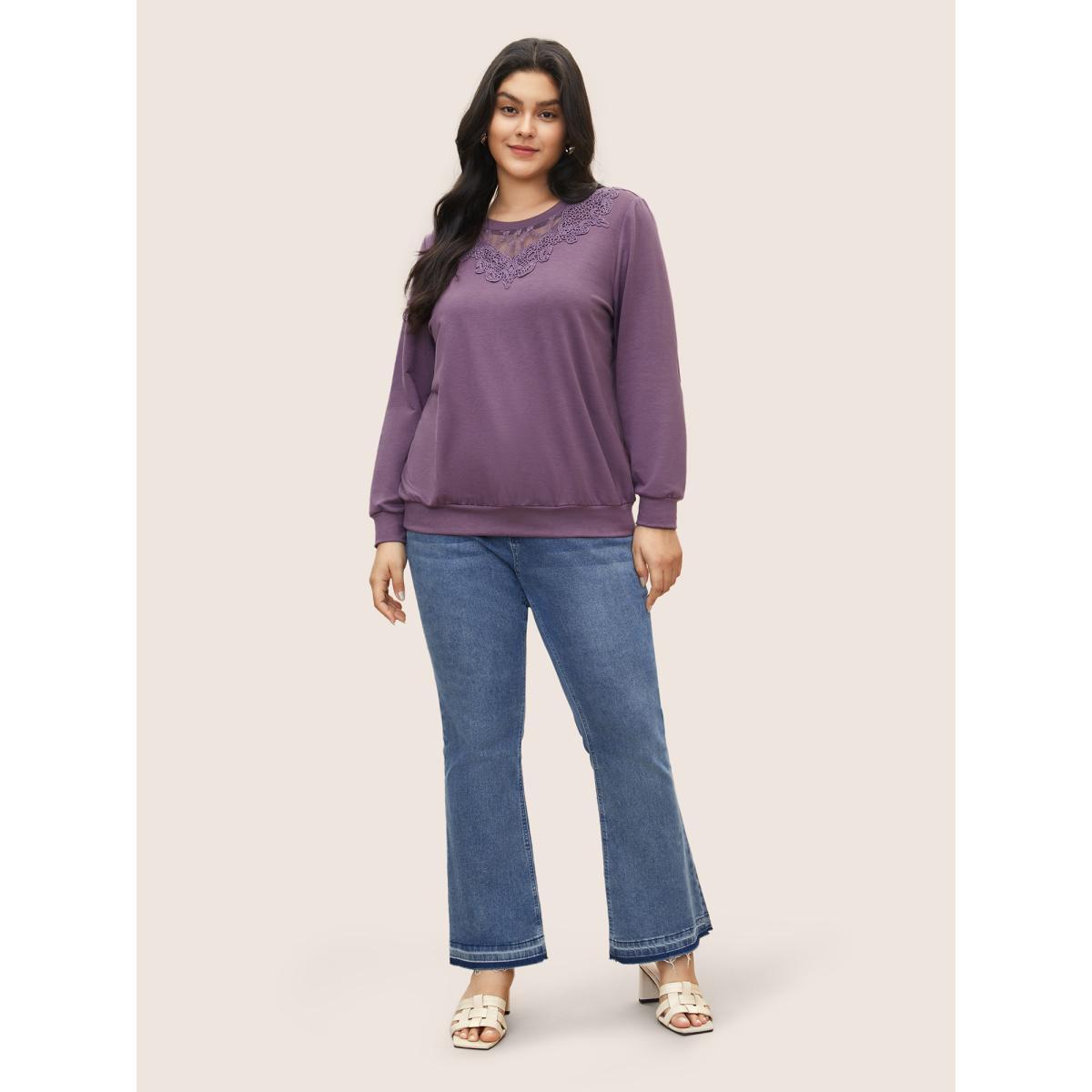 Plus Size Round Neck Lace Patchwork Sweatshirt Women Mauve Casual See through Round Neck Everyday Sweatshirts BloomChic 14-16/1X Product Image