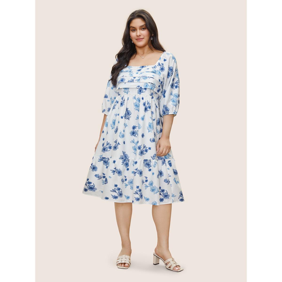 Plus Size Square Neck Floral Print Pleated Lantern Sleeve Dress White Women Elegant Non Square Neck Elbow-length sleeve Curvy Midi Dress BloomChic 22-24/3X Product Image