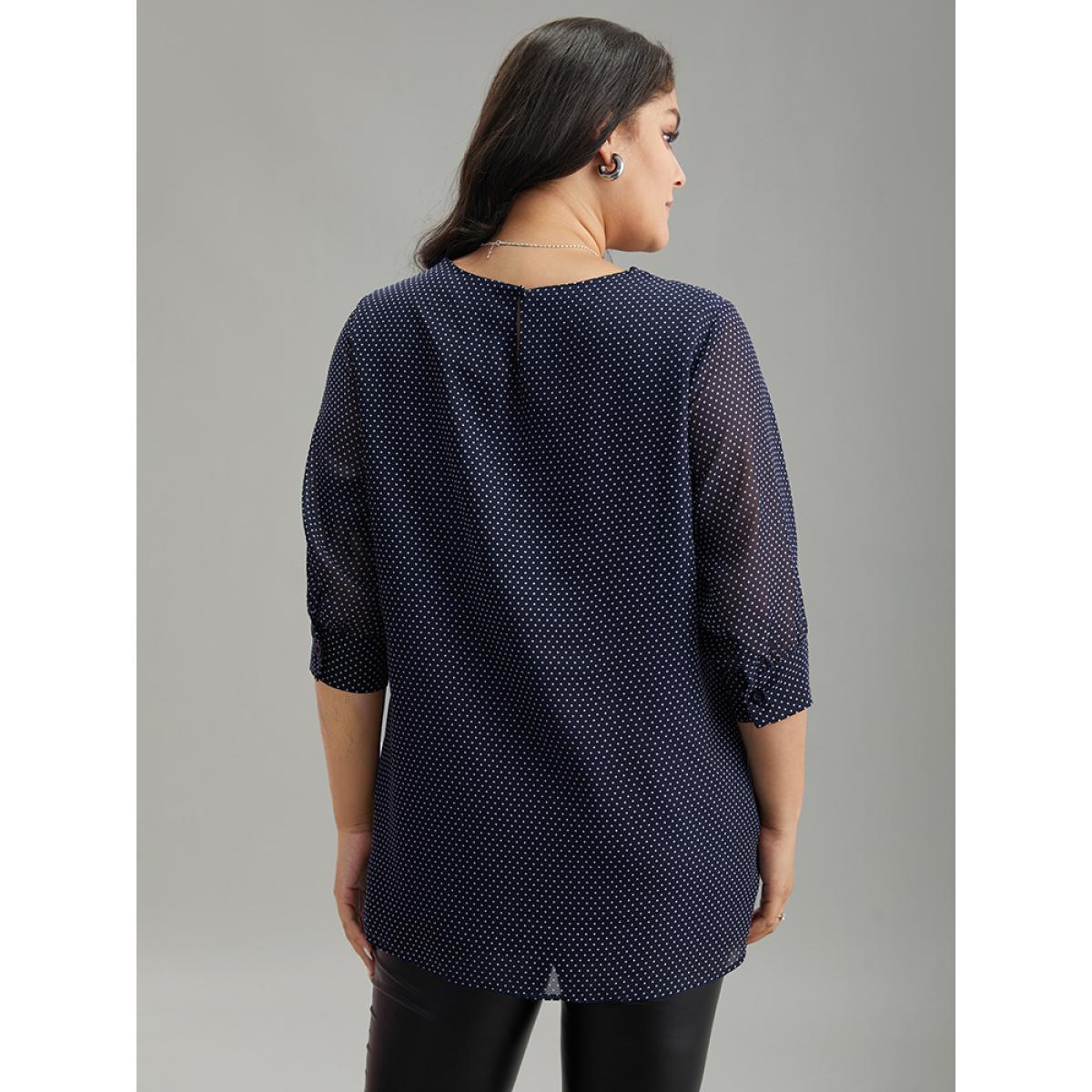 Plus Size Indigo Chiffon Polka Dot Mesh Keyhole Twist Front Blouse Women Office Elbow-length sleeve Round Neck Work Blouses BloomChic 18-20/2X Product Image