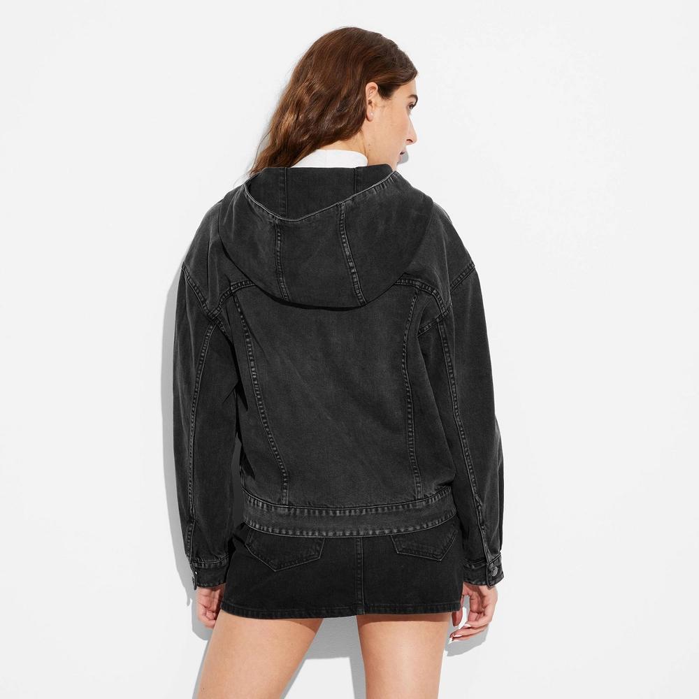 Women's Oversized Hooded Jean Jacket - Wild Fable™ Black Wash L: Midweight , Front Button Down, 4 Pockets Product Image