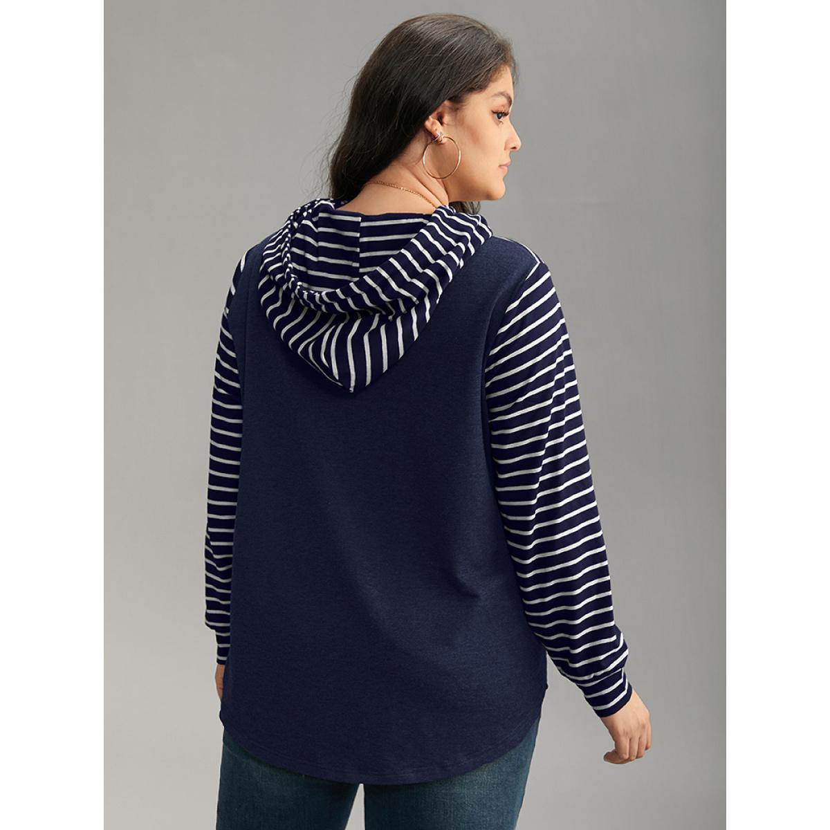 Plus Size Striped Patchwork Hooded Pocket Drawstring Sweatshirt Women Indigo Casual Contrast Hooded Everyday Sweatshirts BloomChic 18-20/2X Product Image