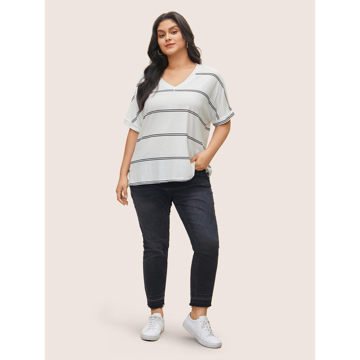 Plus Size Striped Contrast Dolman Sleeve T-shirt White Women Casual Striped V-neck Everyday T-shirts BloomChic 30/6X Product Image