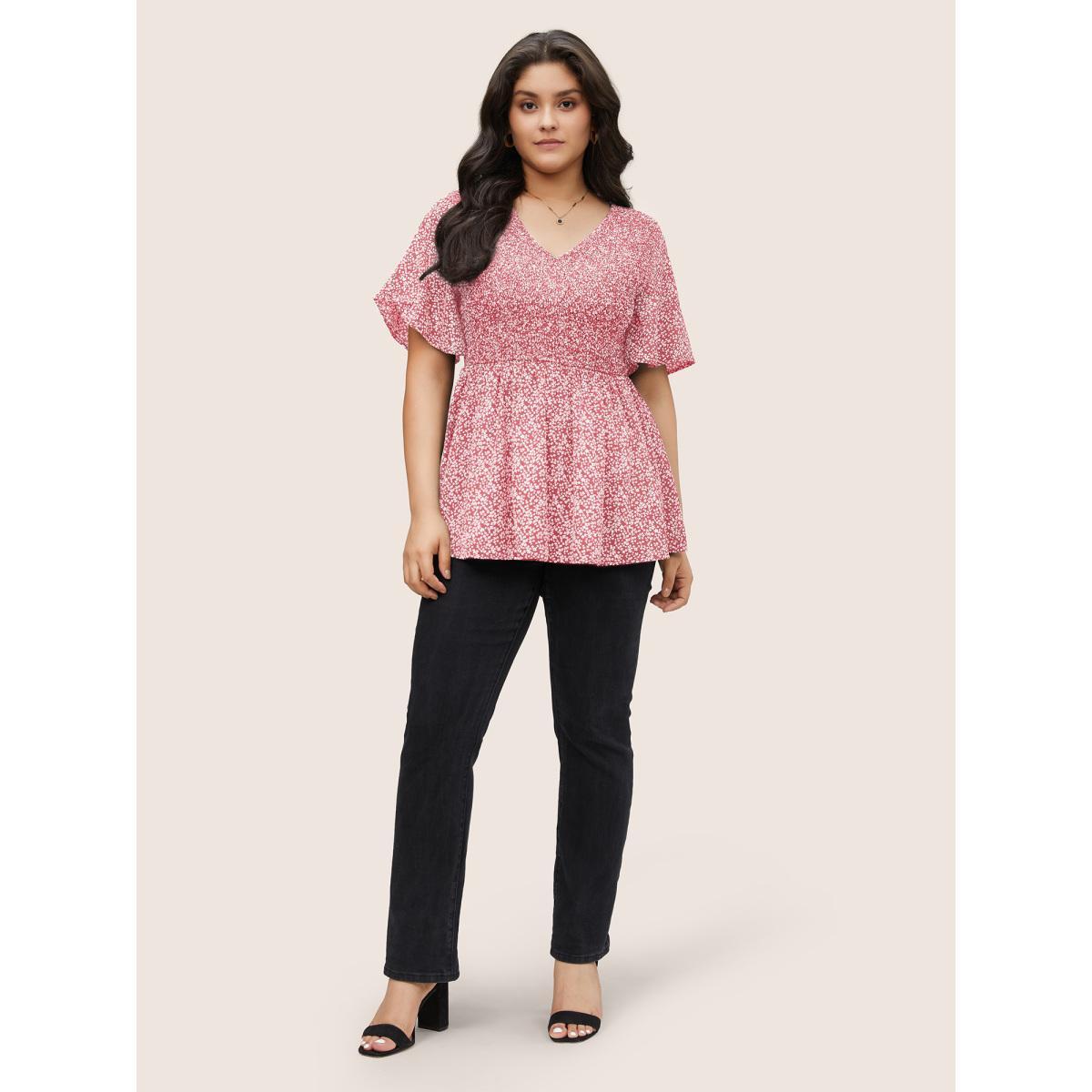 Plus Size Rouge Ditsy Floral Shirred Ruffle Sleeve Elastic Waist Blouse Women Elegant Short sleeve V-neck Everyday Blouses BloomChic 30/6X Product Image