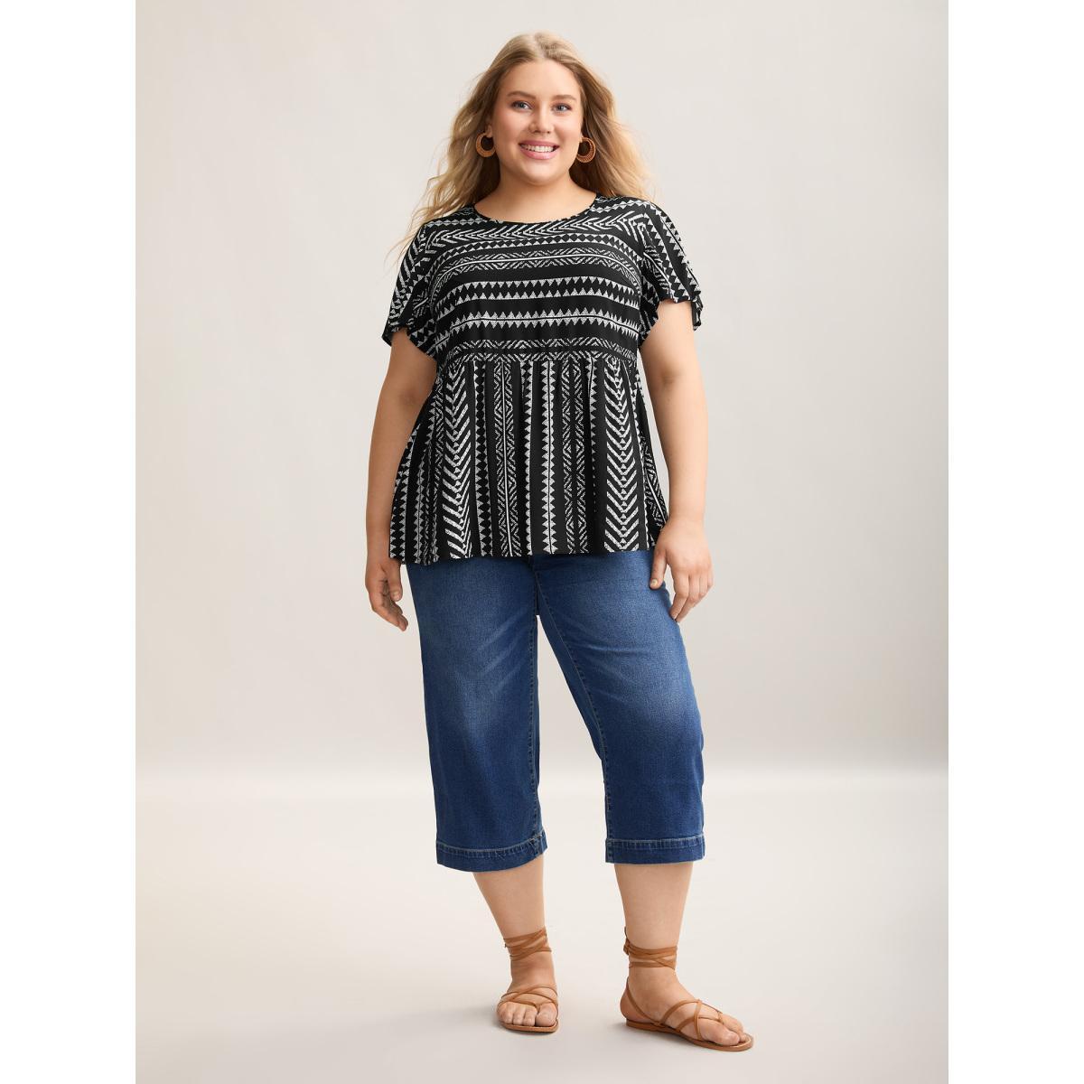 Plus Size Black Boho Striped Round Neck Babydoll Shirt Women Resort Cap Sleeve Round Neck Vacation Blouses BloomChic 30/6X Product Image