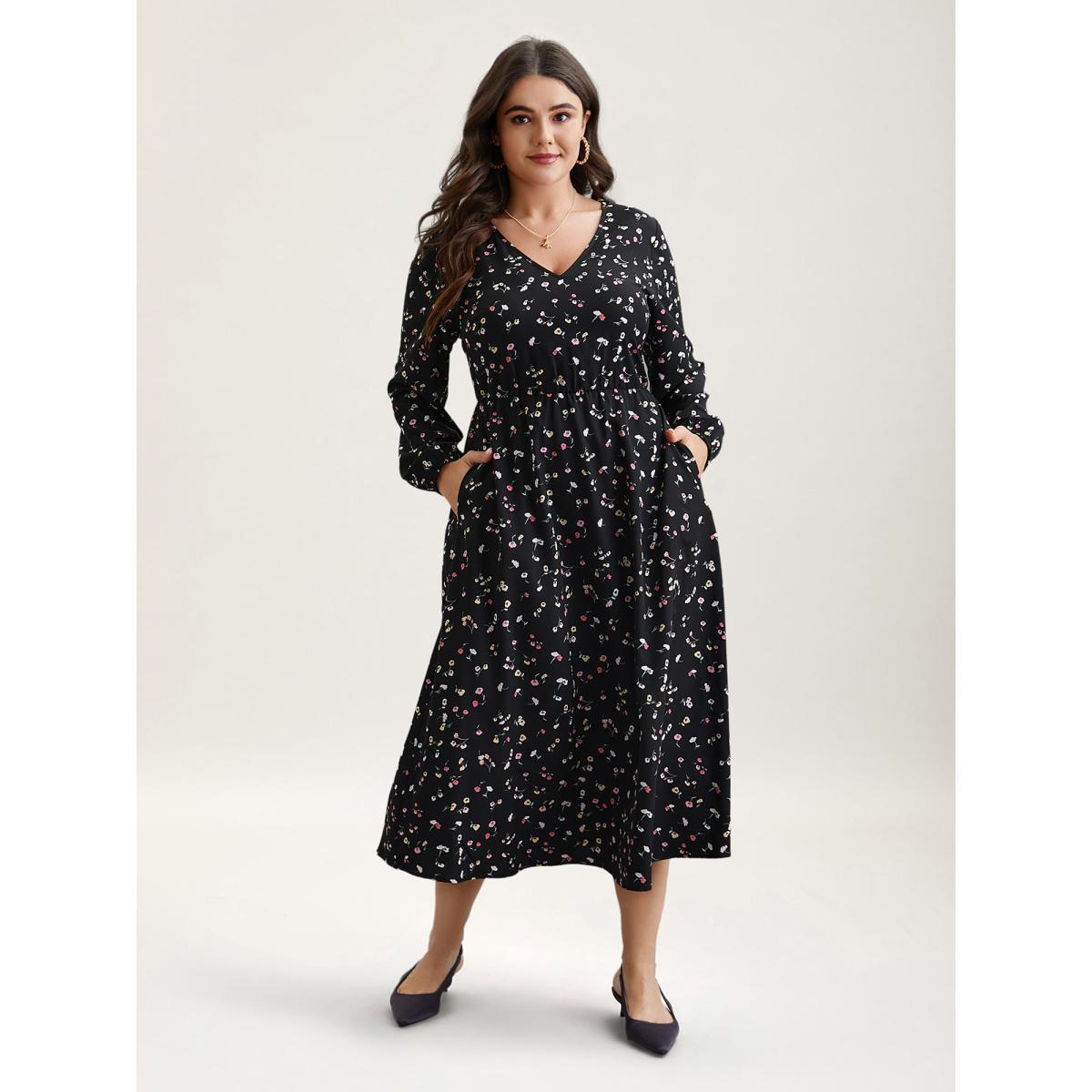 Plus Size Floral Print V-Neck Waist-Defined Midi Dress BlackFlower Women Elegant Non V-neck Long Sleeve Curvy BloomChic 30/6X Product Image