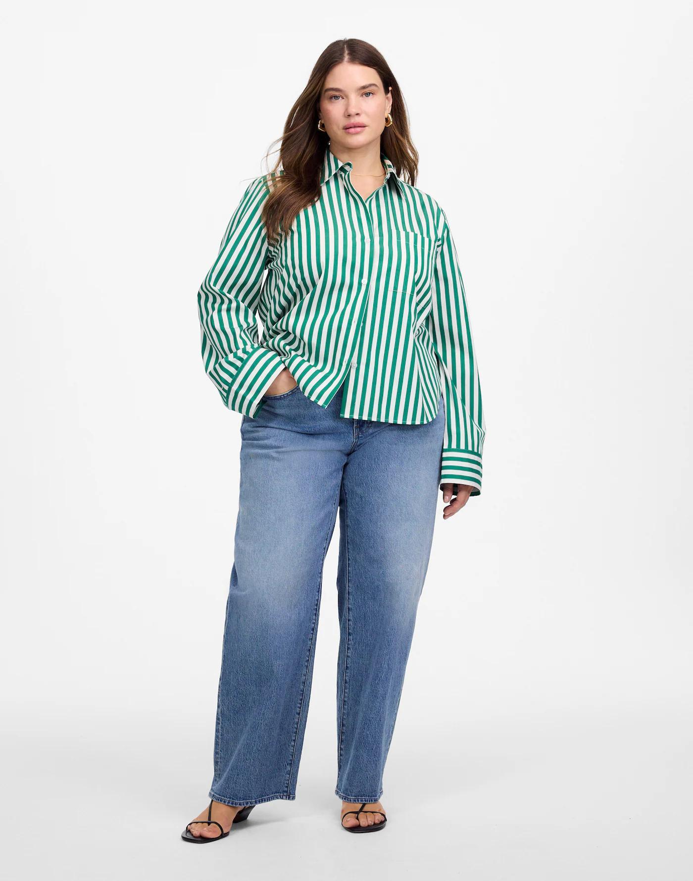 Plus Poplin Easy Y-Neck Button-Up Shirt Product Image