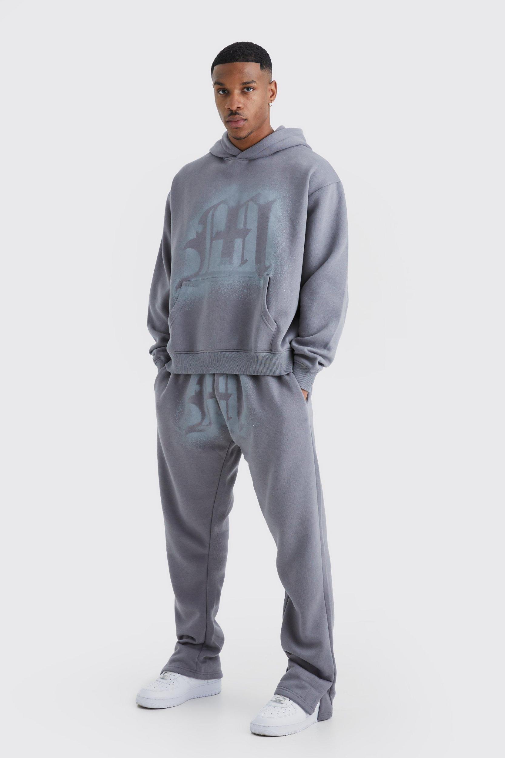 Mens Oversized Graffiti Spray Graphic Tracksuit - Grey Product Image
