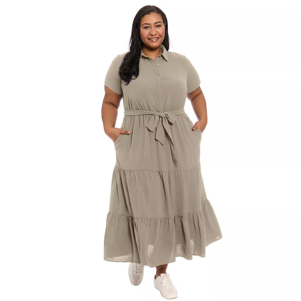 Plus Size London Times Button-Up Tiered Maxi Shirt-Dress, Women's, Size: 2XL, Green Product Image