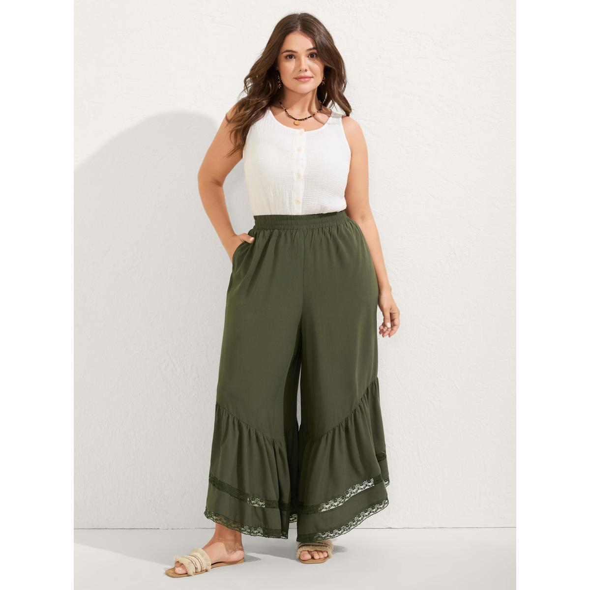Plus Size Ruffled Lace Hem Wide-Leg Pants Women ArmyGreen Loose Mid Rise Vacation Pants BloomChic 28/5X Product Image