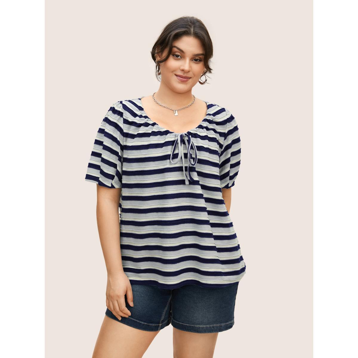 Plus Size V Neck Textured Striped Tie Knot T-shirt Midnight Women Casual Texture V-neck Everyday T-shirts BloomChic 30/6X Product Image