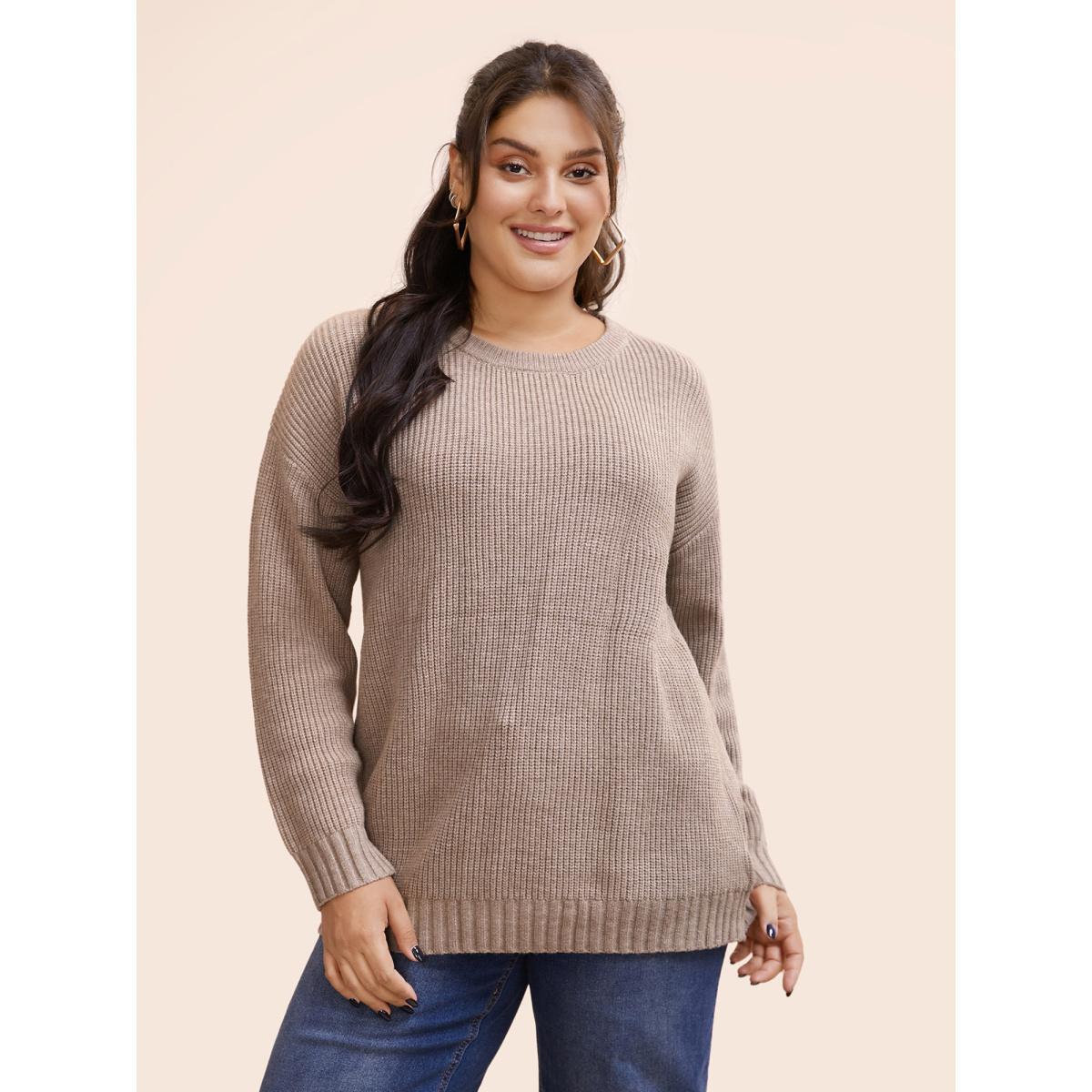 Plus Size Solid Round Neck Drop Shoulder Pullover Tan Women Casual Long Sleeve Round Neck Everyday Pullovers BloomChic 10/M Product Image