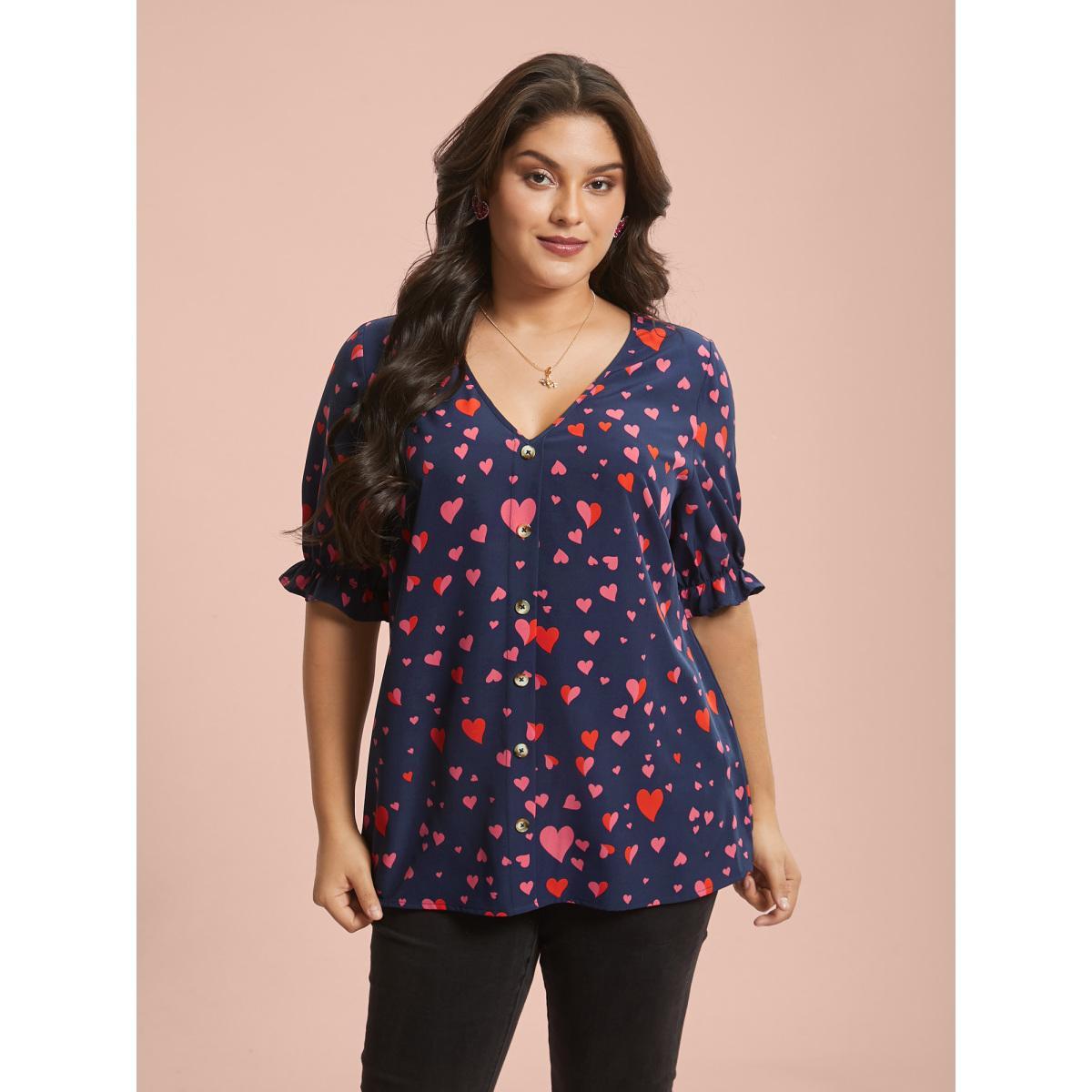 Plus Size Indigo Heart Pattern Button Detail Ruffle Blouse Women Elegant Short sleeve V-neck Everyday Blouses BloomChic 26/4X Product Image