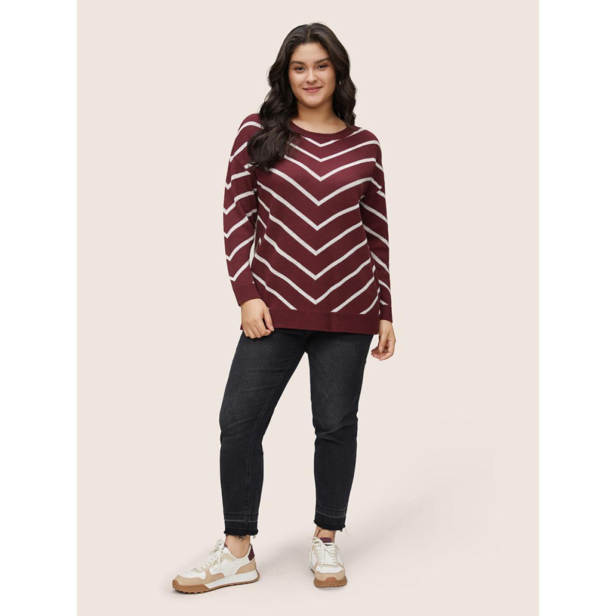 Plus Size Striped Drop Shoulder Loose Knit Pullover Burgundy Women Casual Loose Long Sleeve Round Neck Dailywear Pullovers BloomChic 18-20/2X Product Image