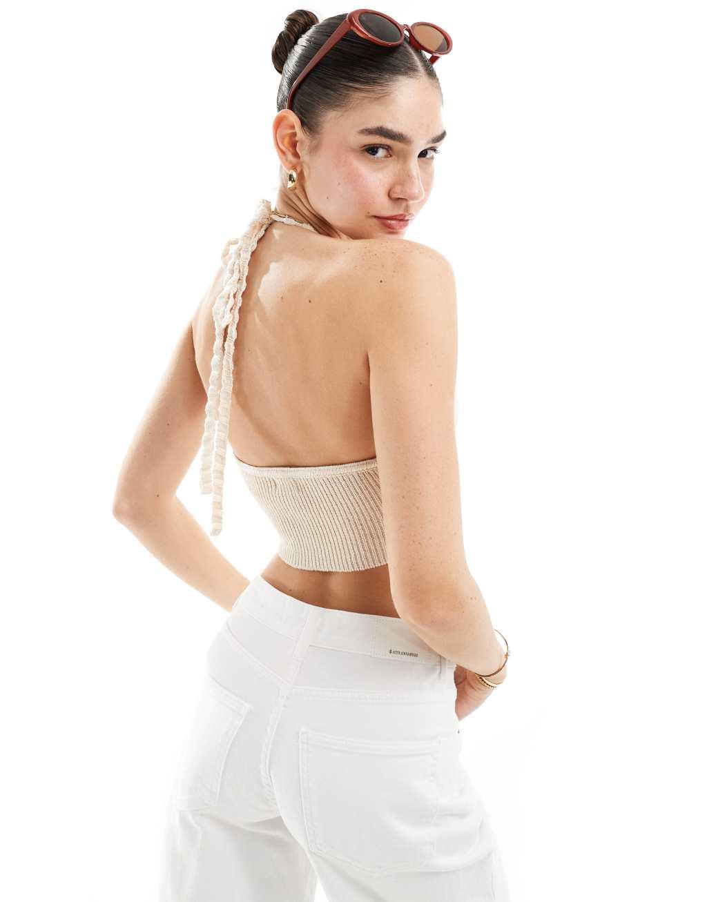 Cotton On faux shell trim halter neck crop top in ecru crochet - part of a set  Product Image