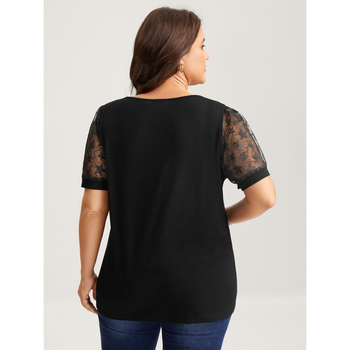 Plus Size Beaded Mesh Sheer Patchwork T-Shirt Black Women Gathered V-neck Everyday-Elegant T-shirts BloomChic 14-16/1X Product Image