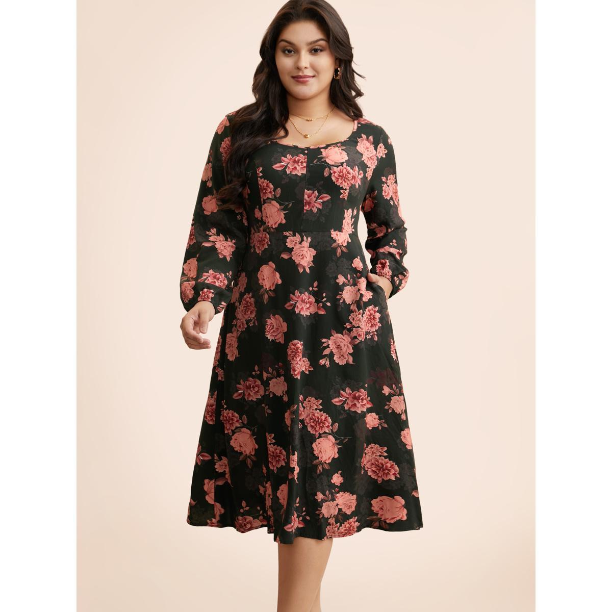 Plus Size Floral Lantern Sleeve Shirred Pocket Dress Black Women Elegant Shirred Boat Neck Long Sleeve Curvy BloomChic 14-16/1X Product Image