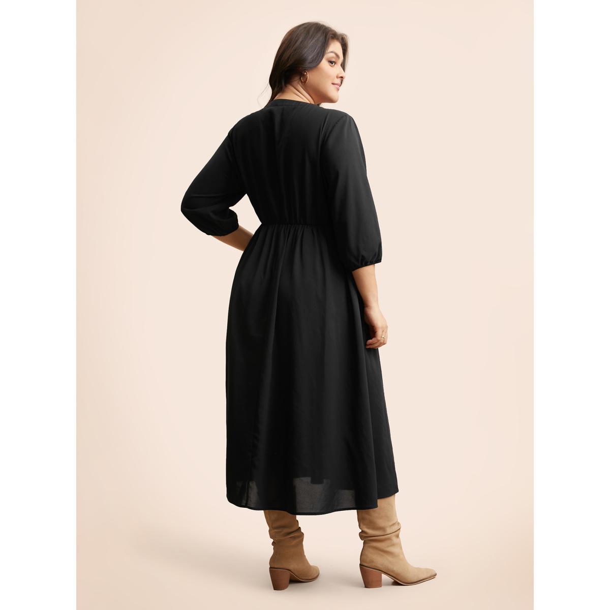 Plus Size Notched Stereo Flower Design Midi Dress Black Women Resort Woven ribbon&lace trim Notched collar Elbow-length sleeve Curvy BloomChic 14-16/1X Product Image