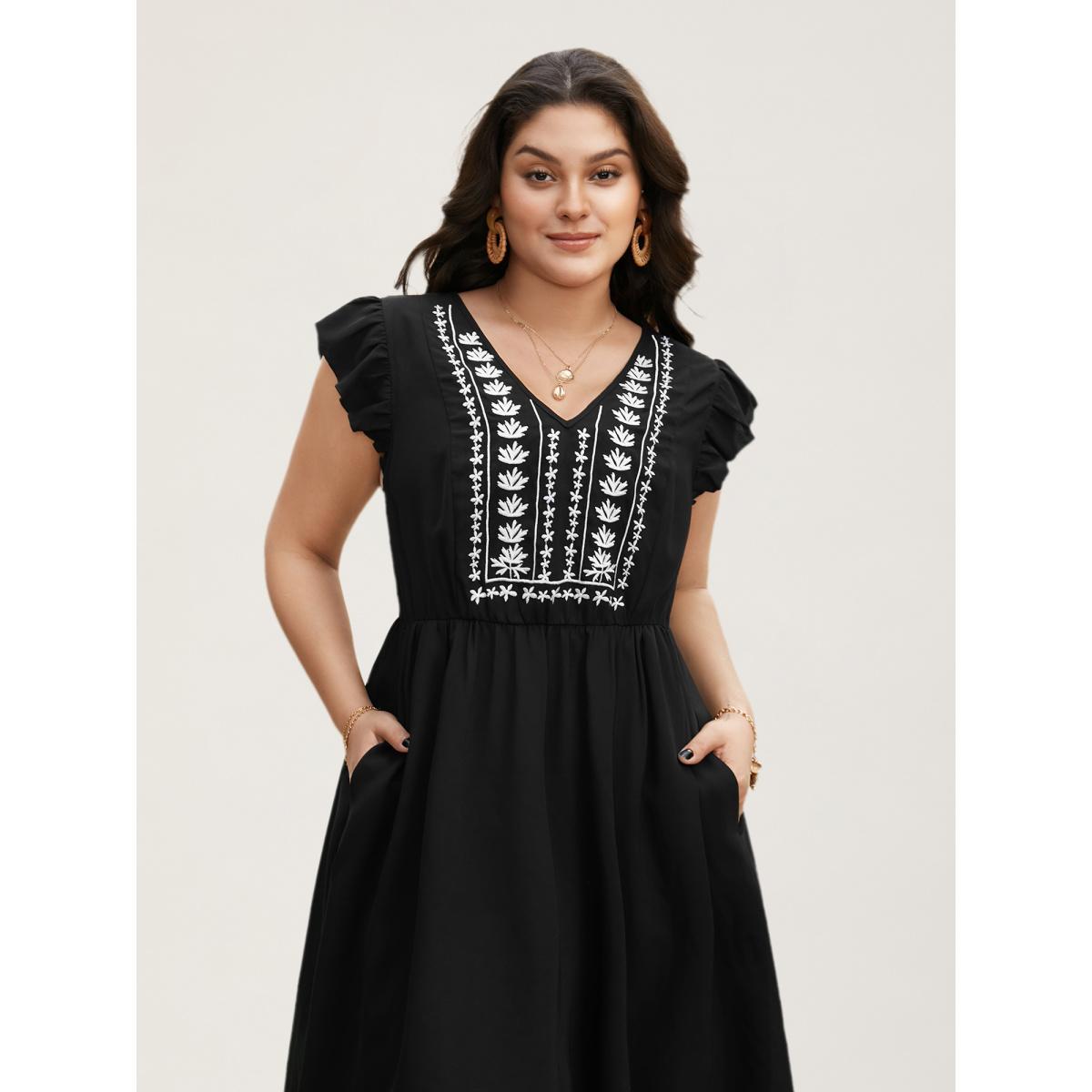 Plus Size Floral Embroidered V Neck Ruffle Cap Sleeve Dress Black Women Resort Embroidered V-neck Cap Sleeve Curvy BloomChic 28/5X Product Image