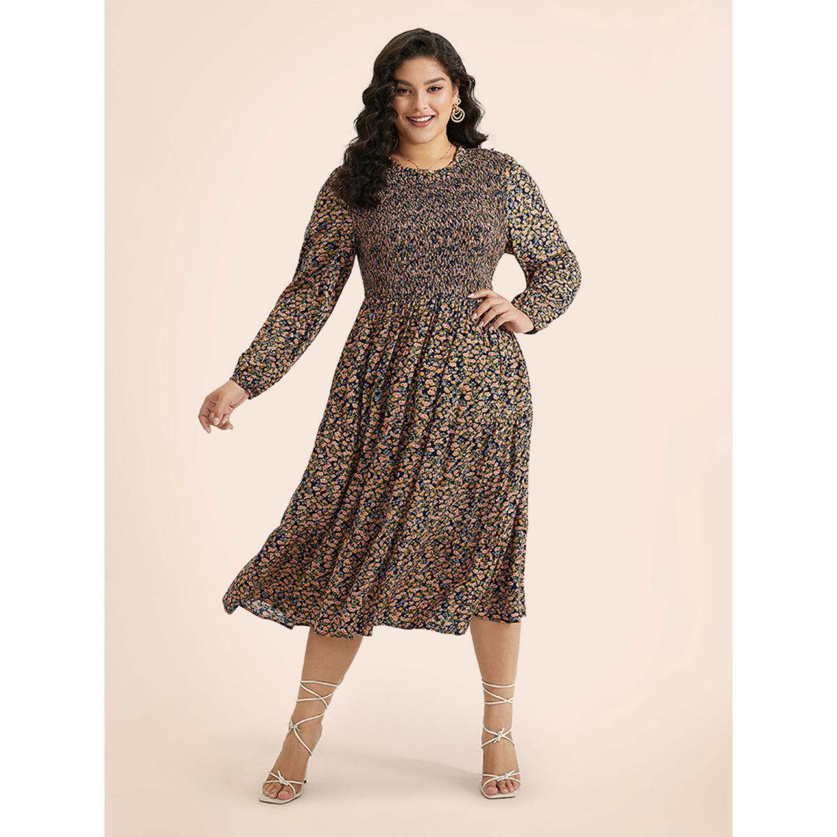 Plus Size Ditsy Floral Shirred Pocket Pleated Frill Trim Dress Indigo Women Elegant Elastic cuffs Round Neck Long Sleeve Curvy Midi Dress BloomChic 10/M Product Image