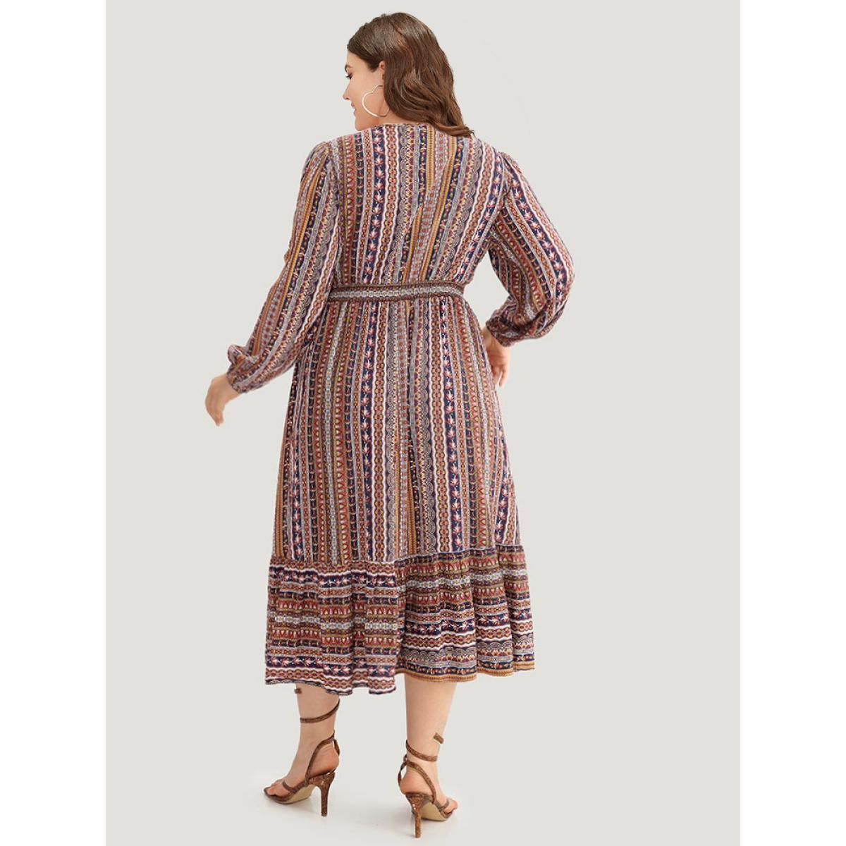 Plus Size Bandana Striped Lantern Sleeve Patchwork Dress DarkBlue Women Vacation Elastic cuffs V-neck Long Sleeve Curvy Midi Dress BloomChic 10/M Product Image