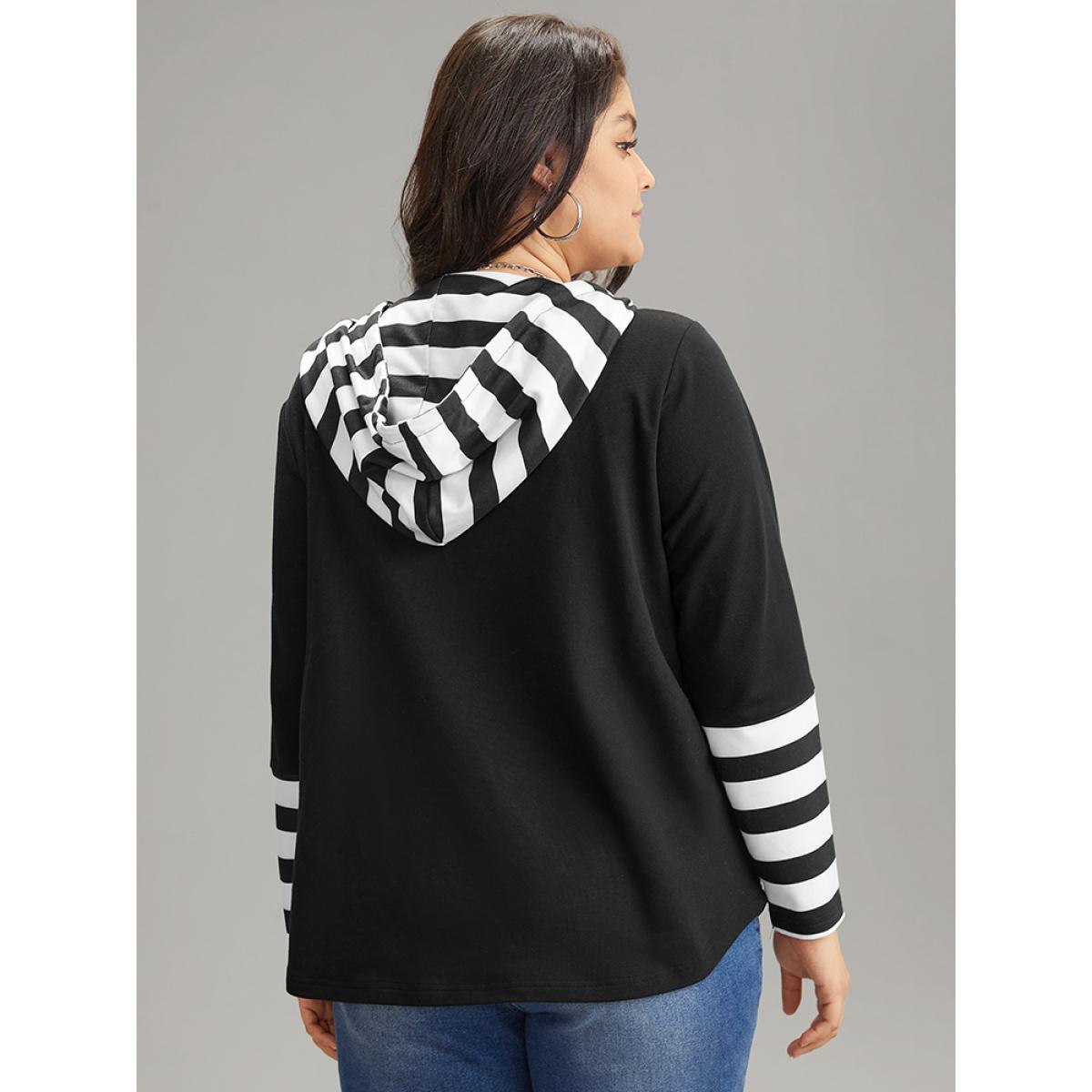 Plus Size Striped Patchwork Hooded Half Zip Sweatshirt Women Black Casual Zipper Hooded Dailywear Sweatshirts BloomChic 18-20/2X Product Image