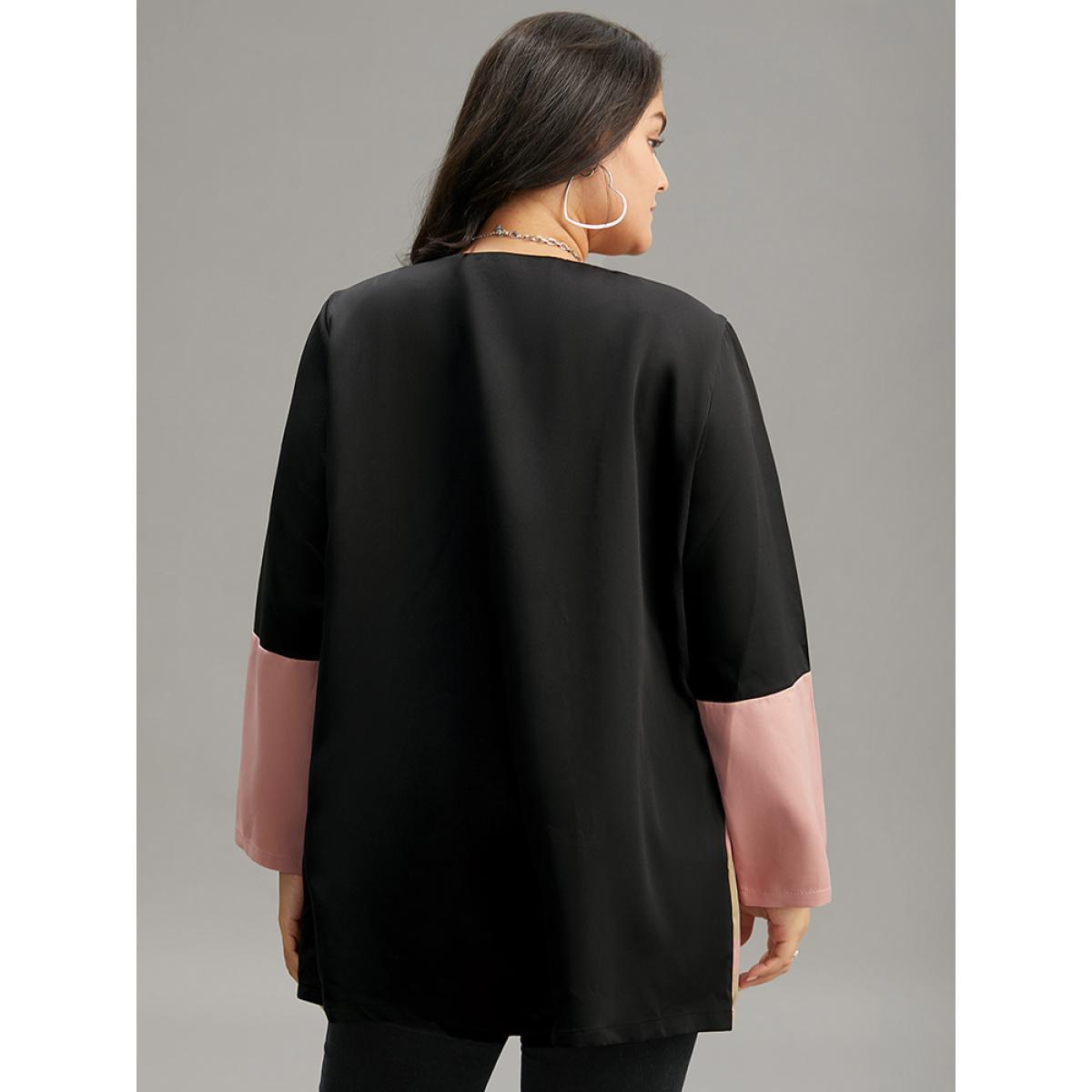 Plus Size Colorblock Contrast Open Front Pocket Coat Women Rouge Casual Contrast Ladies Dailywear Winter Coats BloomChic 18-20/2X Product Image