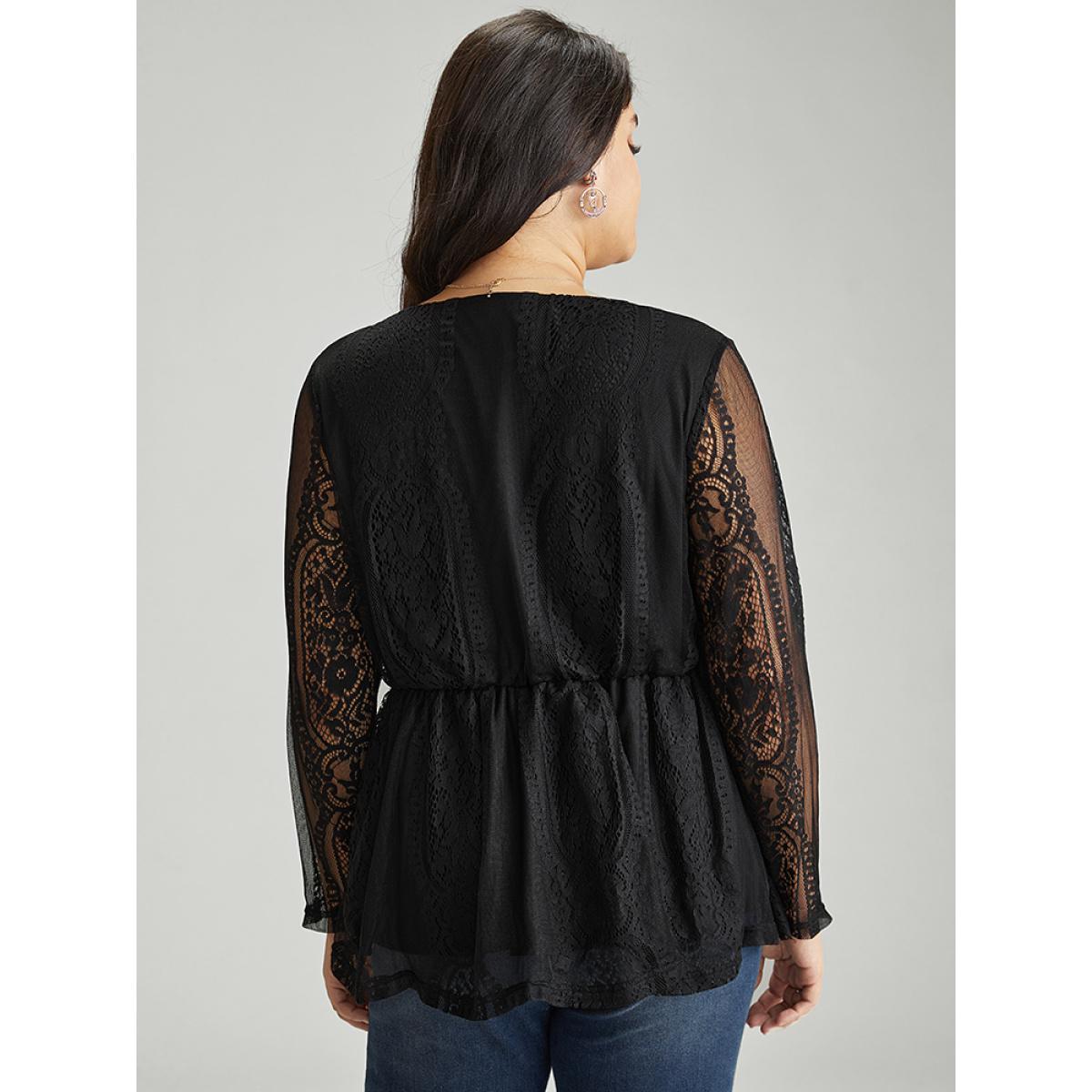 Plus Size Black Solid Guipure Lace Mesh Elastic Waist Blouse Women Elegant Long Sleeve V-neck Party Blouses BloomChic 28/5X Product Image