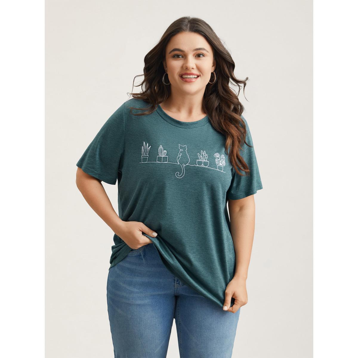 Plus Size Cat Print Crew Neck Stretchy T-Shirt DarkGreen Women Elegant Non Art&design Round Neck Everyday T-shirts BloomChic 28/5X Product Image