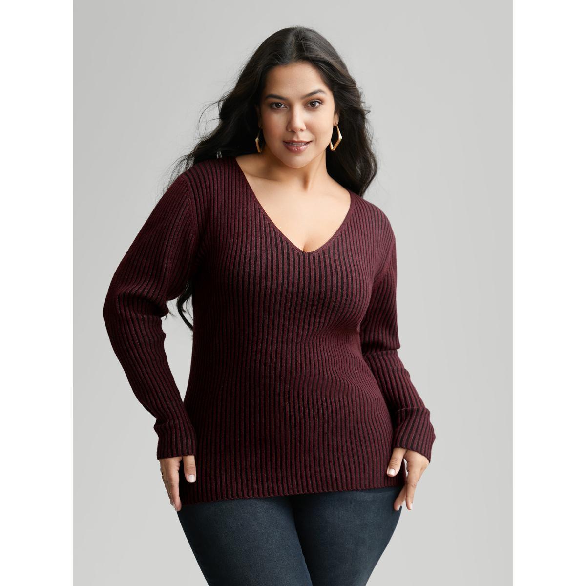 Plus Size Supersoft Essentials Texture V Neck Pullover Deeppurplered Women Casual Skinny Long Sleeve V-neck Everyday Pullovers BloomChic 22-24/3X Product Image