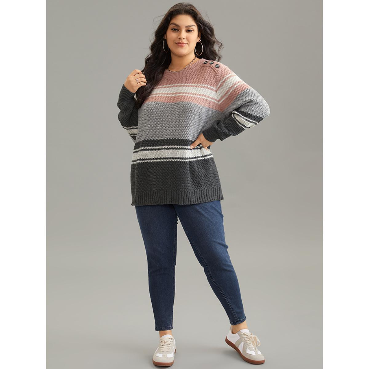 Plus Size Colorblock Button Detail Plisse Pullover Multicolor Women Casual Loose Long Sleeve Round Neck Dailywear Pullovers BloomChic 12/L Product Image