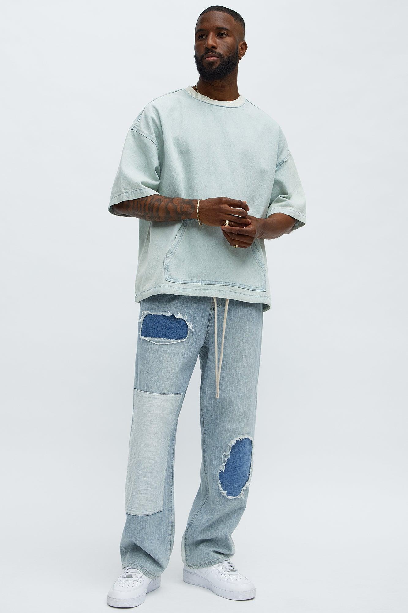 Baggy Contrast Distressed Jeans - Medium Blue Wash Product Image