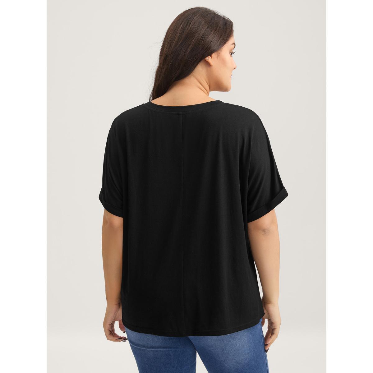 Plus Size Supersoft Stretchy Zirconia Design T-Shirt Black Women Rhinestone detailing V-neck Everyday-Casual T-shirts BloomChic 10/M Product Image