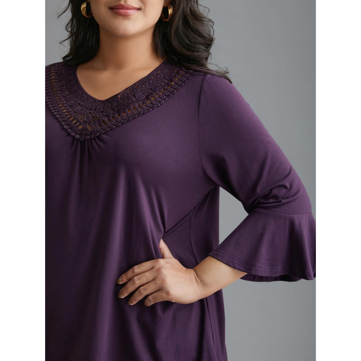 Plus Size Lace Neckline Trim Ruffle Sleeve T-shirt Eggplant Women Elegant Gathered Round Neck Loose Everyday T-shirts BloomChic 22-24/3X Product Image