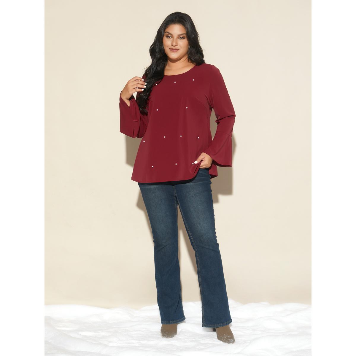Plus Size Scarlet Beaded Embellished Bell Sleeves Blouse Women Cocktail Long Sleeve Round Neck Party Blouses BloomChic 18-20/2X Product Image