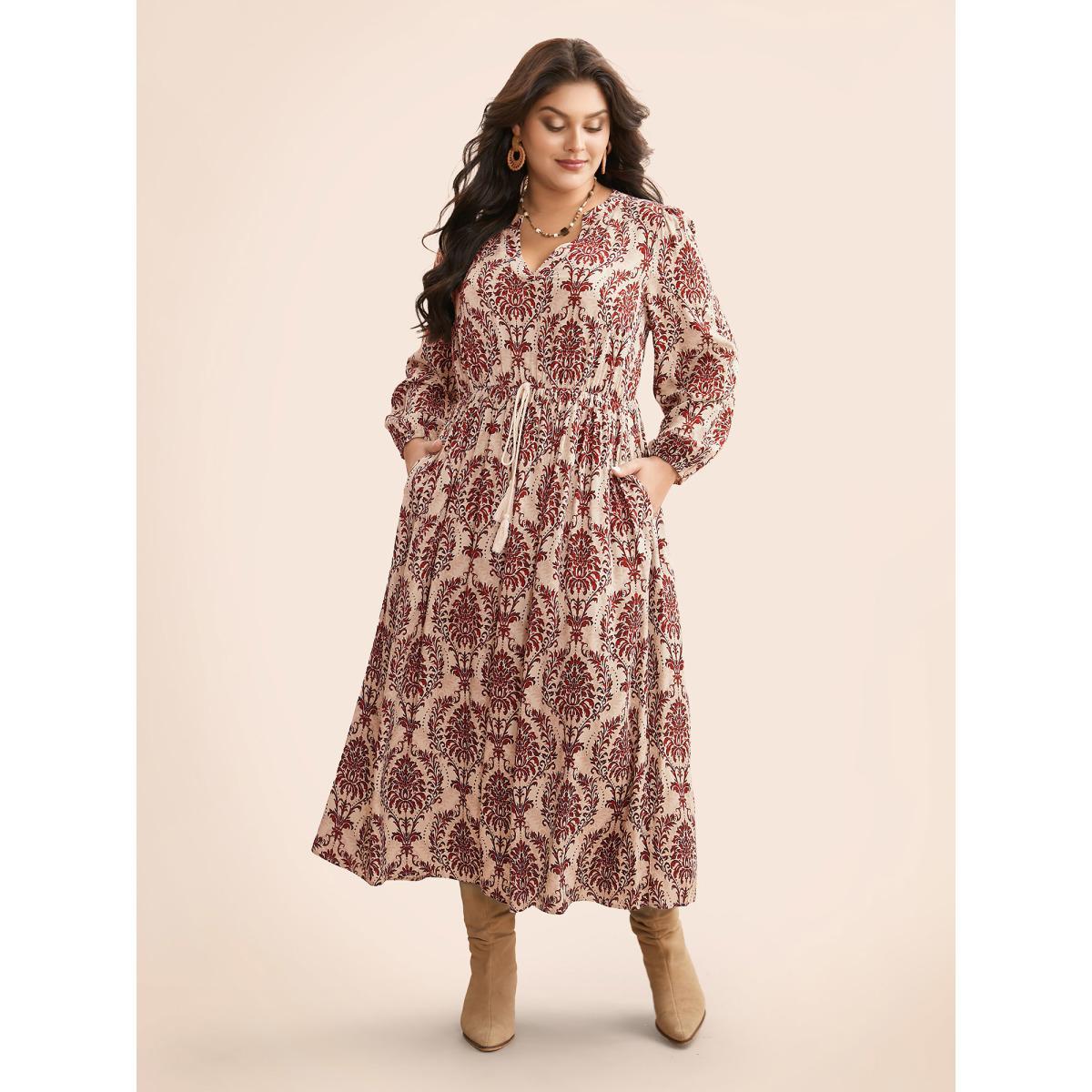 Plus Size Boho Print Notched Tie Knot Maxi Dress Rust Women Resort Tie knot Flat collar with V-notch Long Sleeve Curvy BloomChic 30/6X Product Image