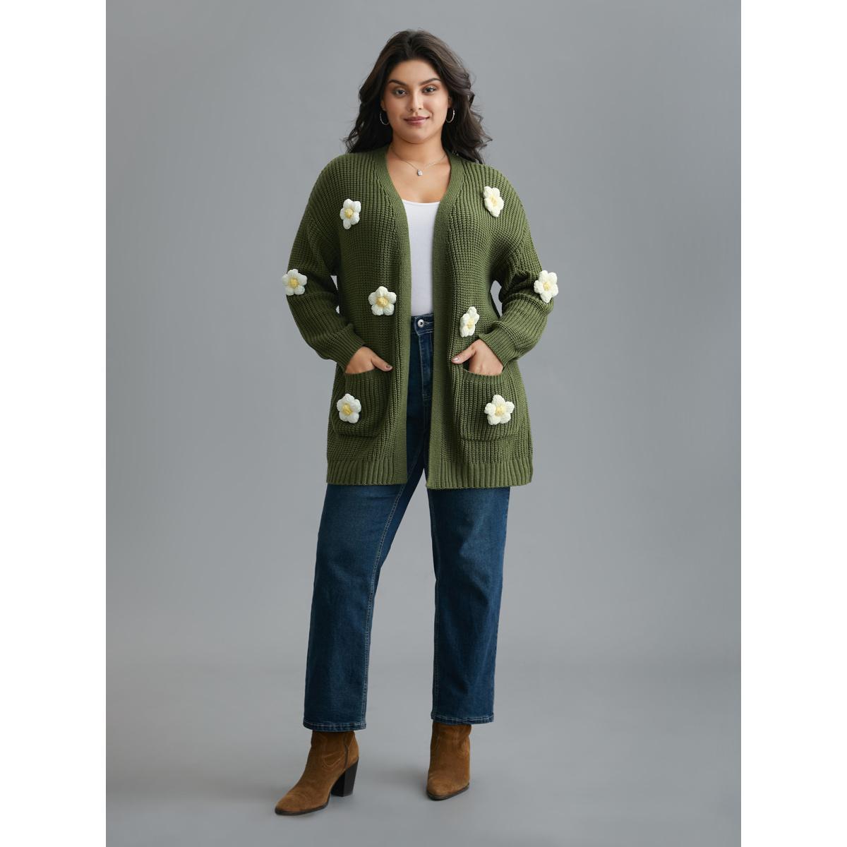 Plus Size Floral Motifs V-Neck Pockets Knit Cardigan Moss Women Casual Loose Long Sleeve Everyday Cardigans BloomChic 14-16/1X Product Image