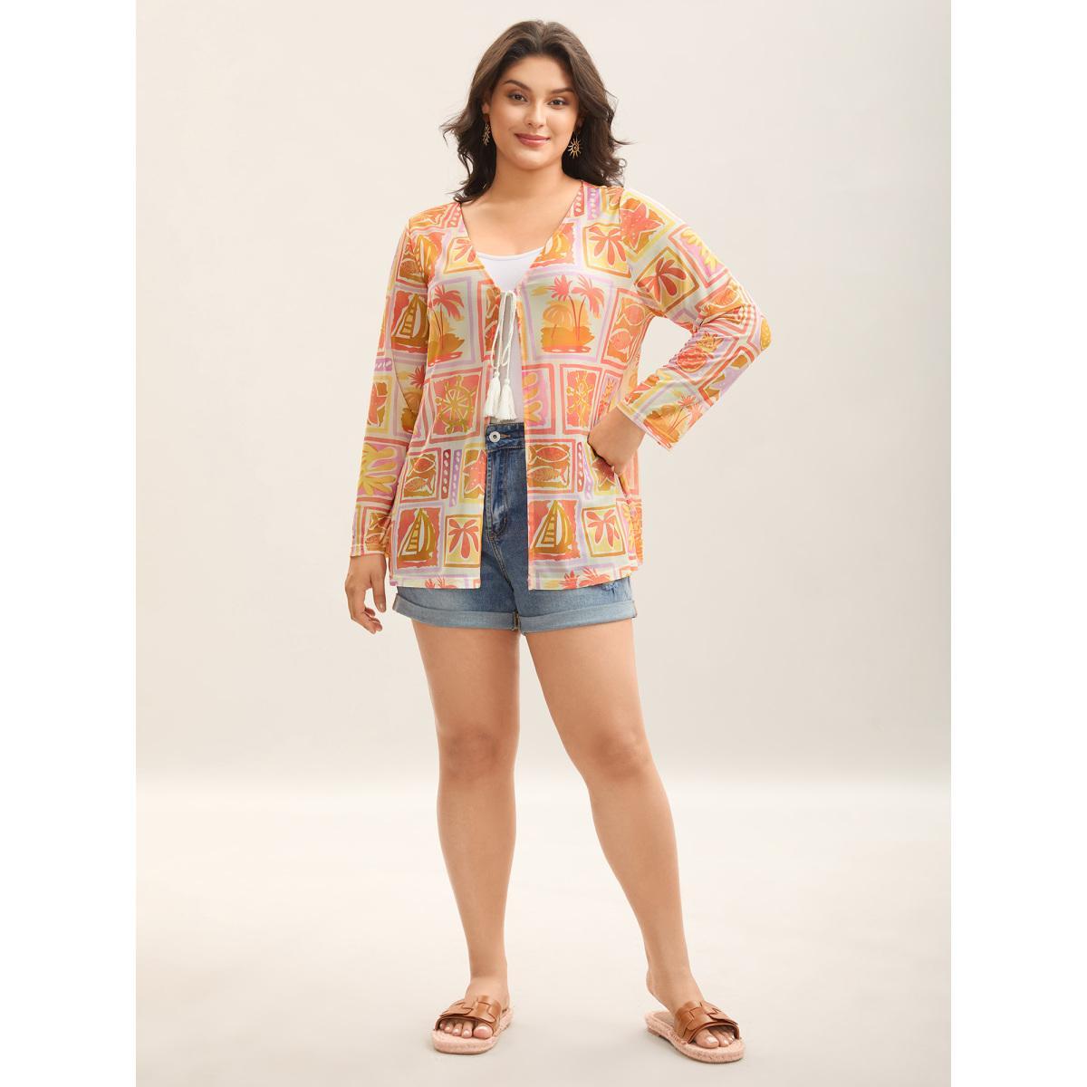 Plus Size Island Ready Print Mesh Tassels Kimono Women Multicolor Tie knot Vacation Kimonos BloomChic 26/4X Product Image