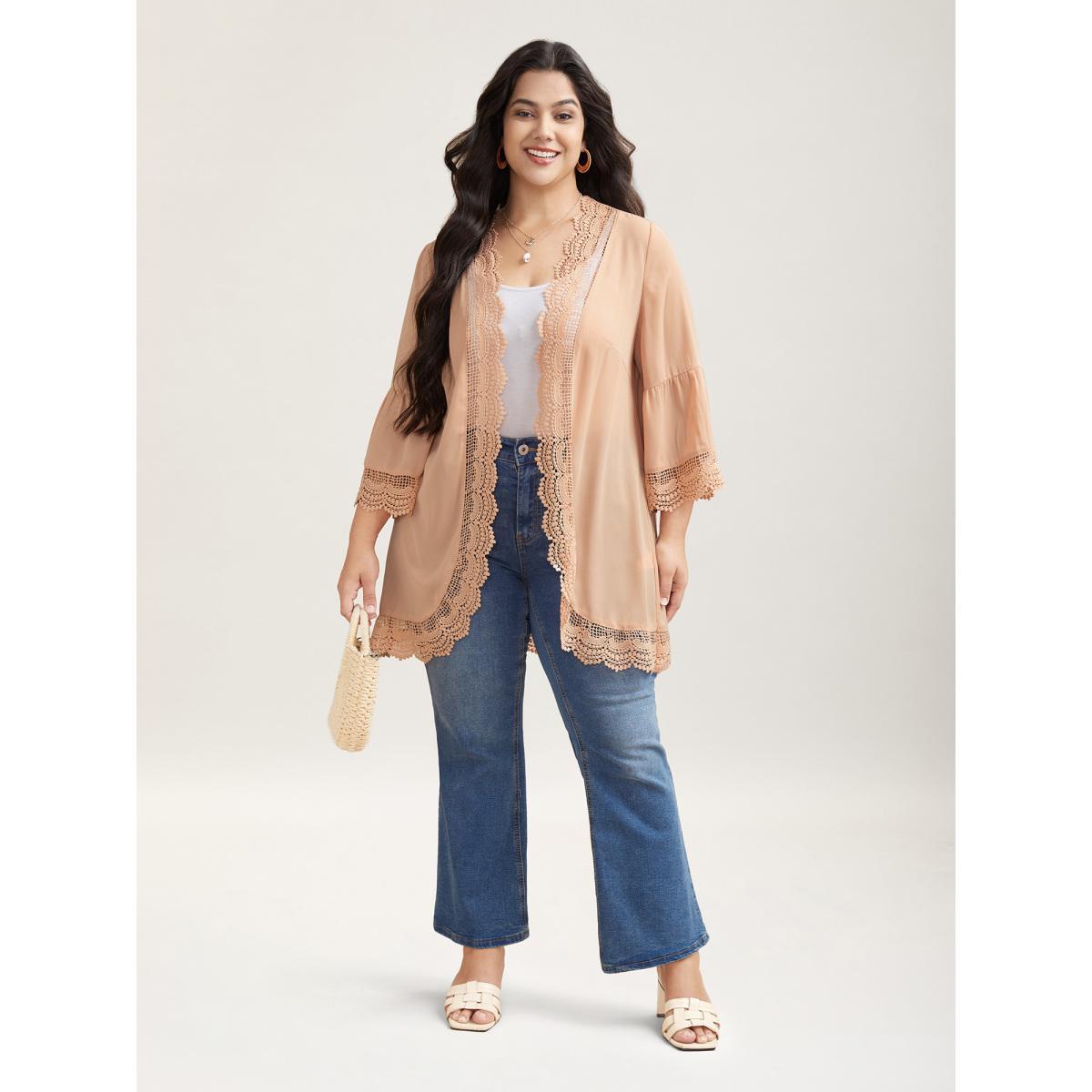Plus Size Scalloped Lace Open Front Kimono Cardigan Women Wheat Resort Woven ribbon&lace trim Loose Vacation Kimonos BloomChic 30/6X Product Image