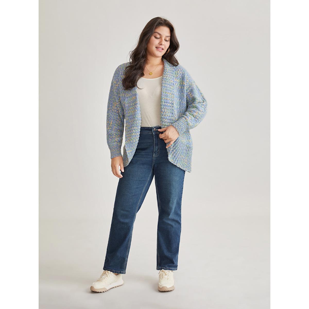 Plus Size Heather Contrast Lapel Collar Curved Hem Cardigan LightBlue Women Casual Loose Long Sleeve Dailywear Cardigans BloomChic 12/L Product Image
