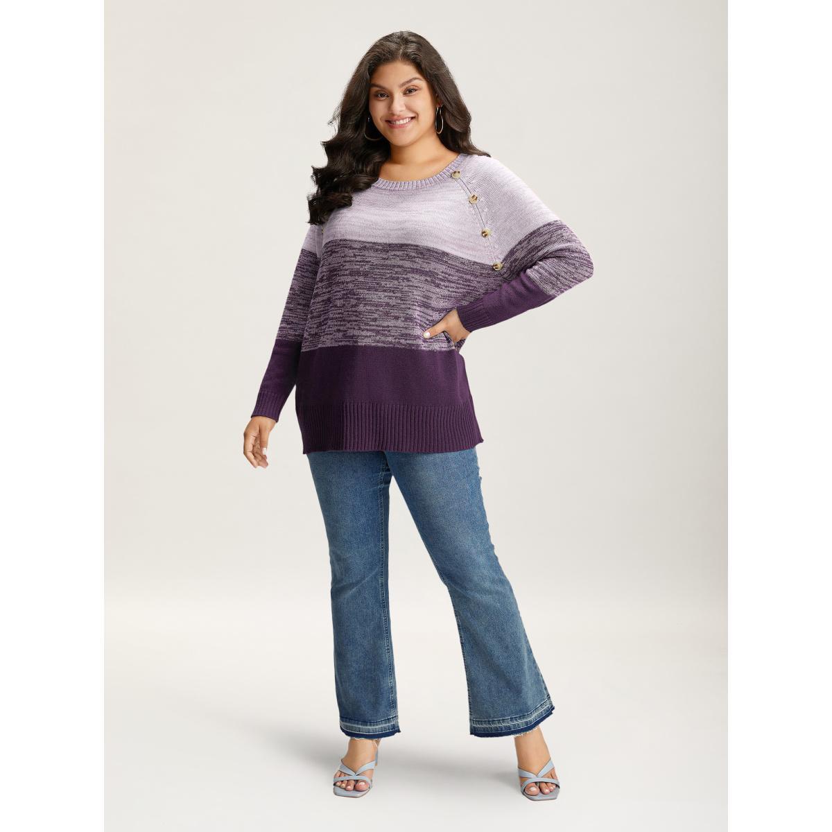 Plus Size Colorblock Contrast Heather Button Detail Pullover Purple Women Casual Long Sleeve Round Neck Everyday Pullovers BloomChic 18-20/2X Product Image