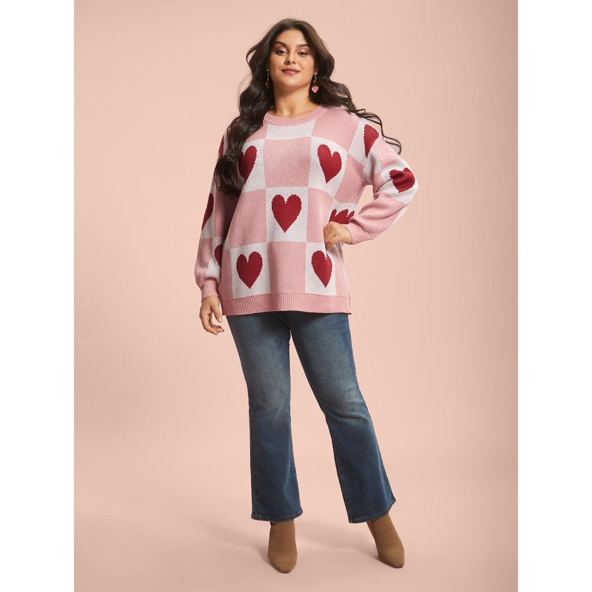 Plus Size Checkered Hearts Jacquard Color-Contrast Pullover Watermelon Women Casual Loose Long Sleeve Round Neck Everyday Pullovers BloomChic 30/6X Product Image