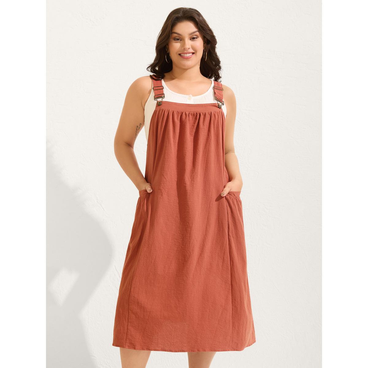 Plus Size Pure Cotton Pleated Pockets Midi Dress Rust Women Square Neck Sleeveless Curvy BloomChic 10/M Product Image