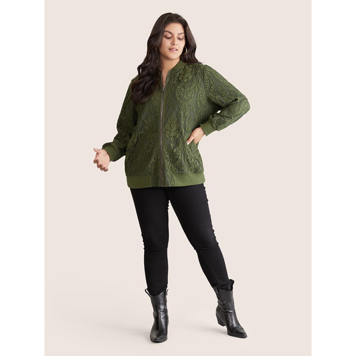 Plus Size Silhouette Floral Print Zipper Lace Panel Jacket Women ArmyGreen Elastic cuffs Pocket Everyday Jackets BloomChic 18-20/2X Product Image