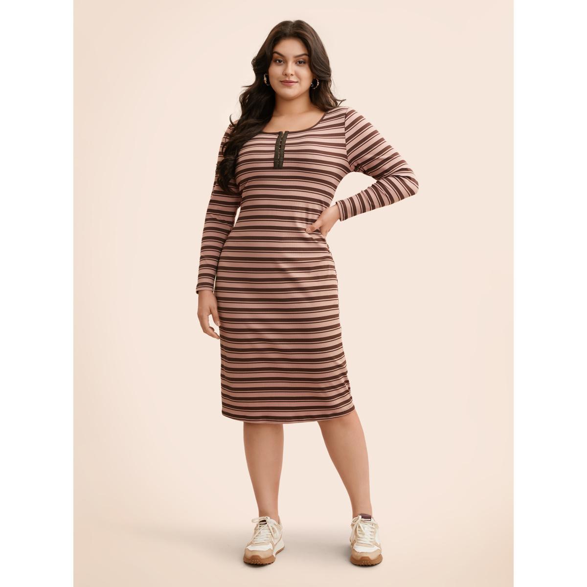 Plus Size U Neck Striped Pit Strip Dress DustyPink Women Casual Texture U-neck Long Sleeve Curvy BloomChic 28/5X Product Image