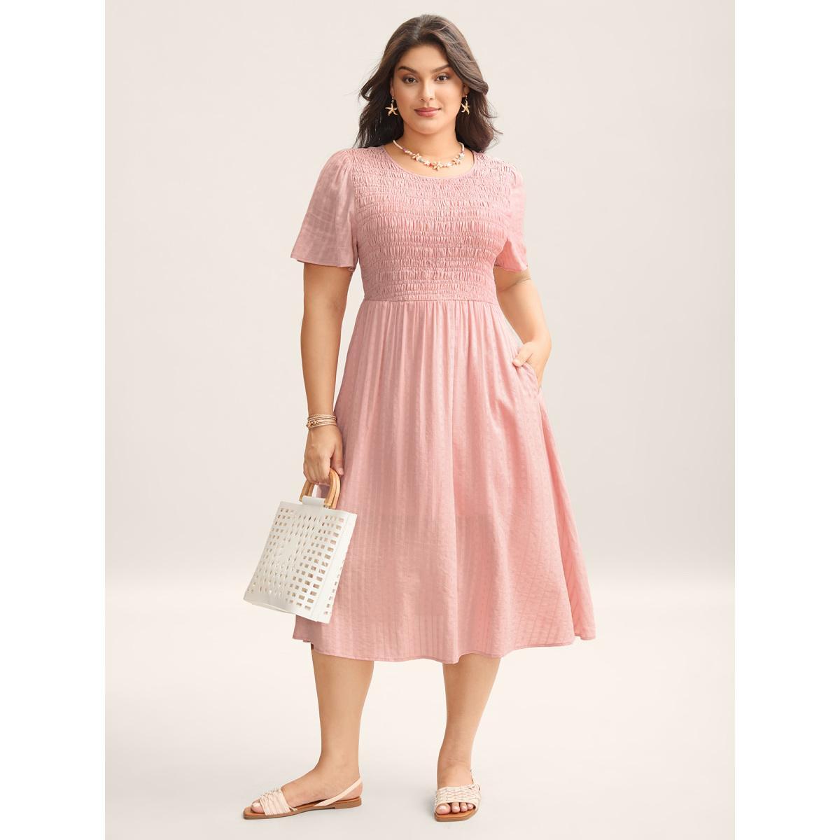 Plus Size Cotton Textured Shirred Bodice Pleated Midi Dress Crepe Women Round Neck Sleeveless Curvy BloomChic 28/5X Product Image