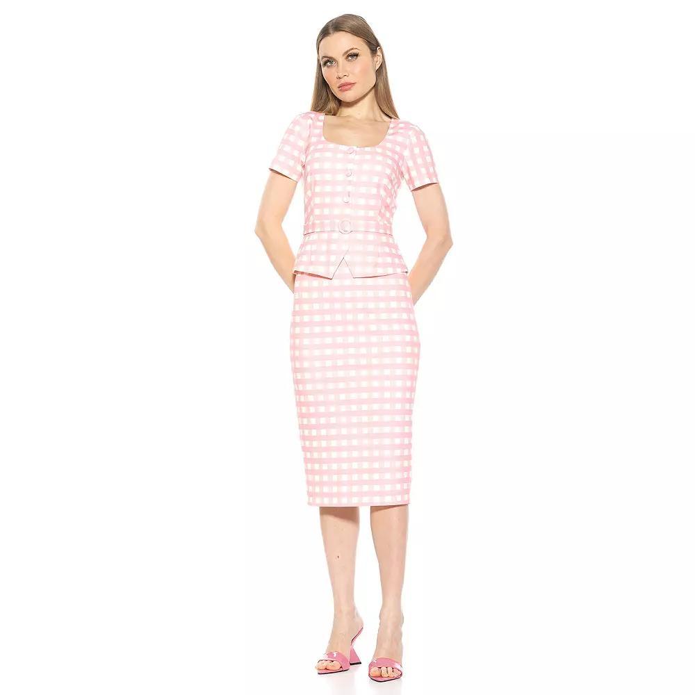 Women's ALEXIA ADMOR Vance Square Neck Short Sleeve Peplum Sheath Dress, Size: Large, Pink Plaid Product Image